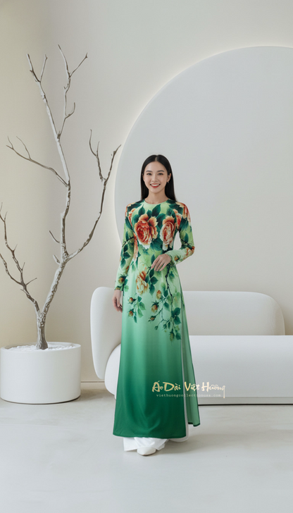 A48 - Áo Dài Voan Chiffon In 4 Tà Xanh Hoa Mẫu Đơn