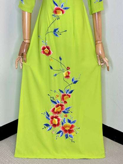 TK141 - Designed Embroidery Áo Dài Bright Neon Green. *Display Product (Final Sale)