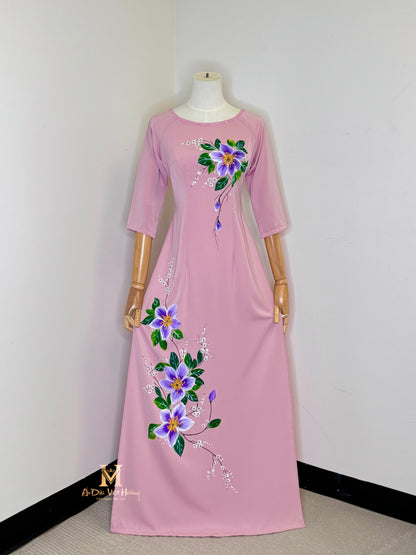 TK179 - Designed Hand-painted Áo Dài Light Purple Pink. *Display Product (Final Sale)