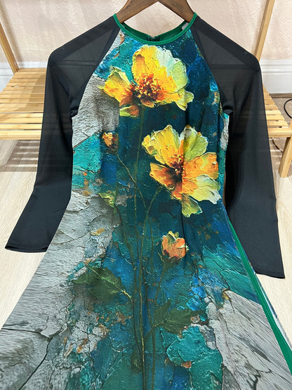 A37 - Áo Dài Chiffon In 4 Tà Xanh Lá/Đen