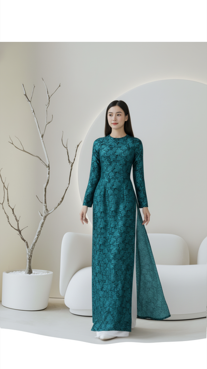 AD49 - Áo Dài Gấm Thái Tuấn Thiên Hoa Xanh Đen hoa Xanh Công (Cổ Tròn). Final sale (no return/exchange).