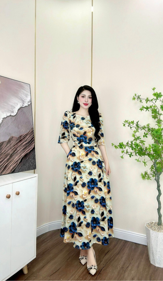 D10 - Maxi Dress Blue/Orange 5D Flowers