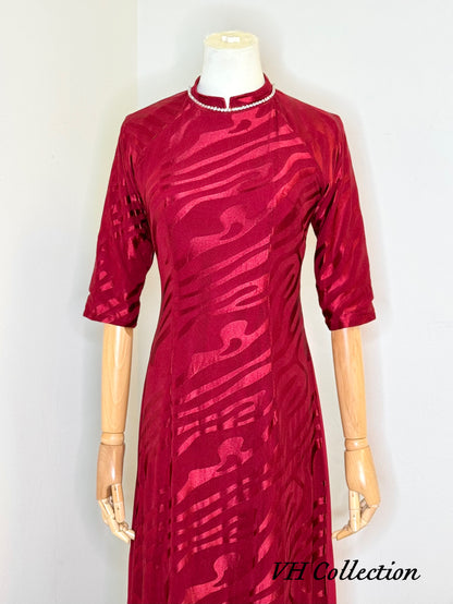 D39 - Áo Dài Dress Wine Red Triple Layers