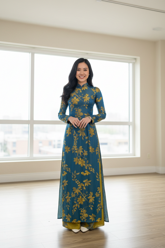 A52 - Set Áo Dài Lụa Tơ Tằm Pha Xanh/Vàng Đồng