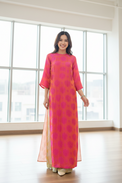 A20 - Set Áo Dài Tencel Vân Long Hồng | Kèm Quần