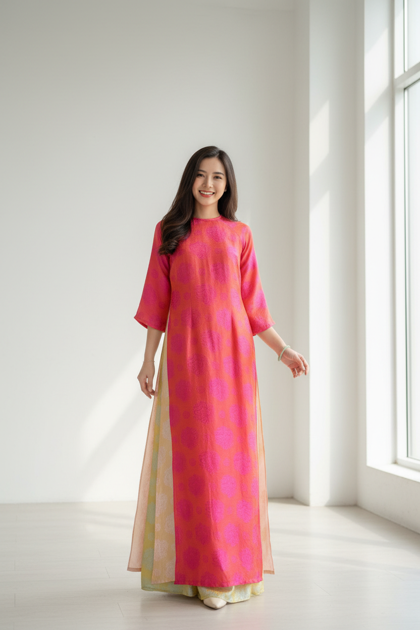 A20 - Set Áo Dài Tencel Vân Long Hồng | Kèm Quần