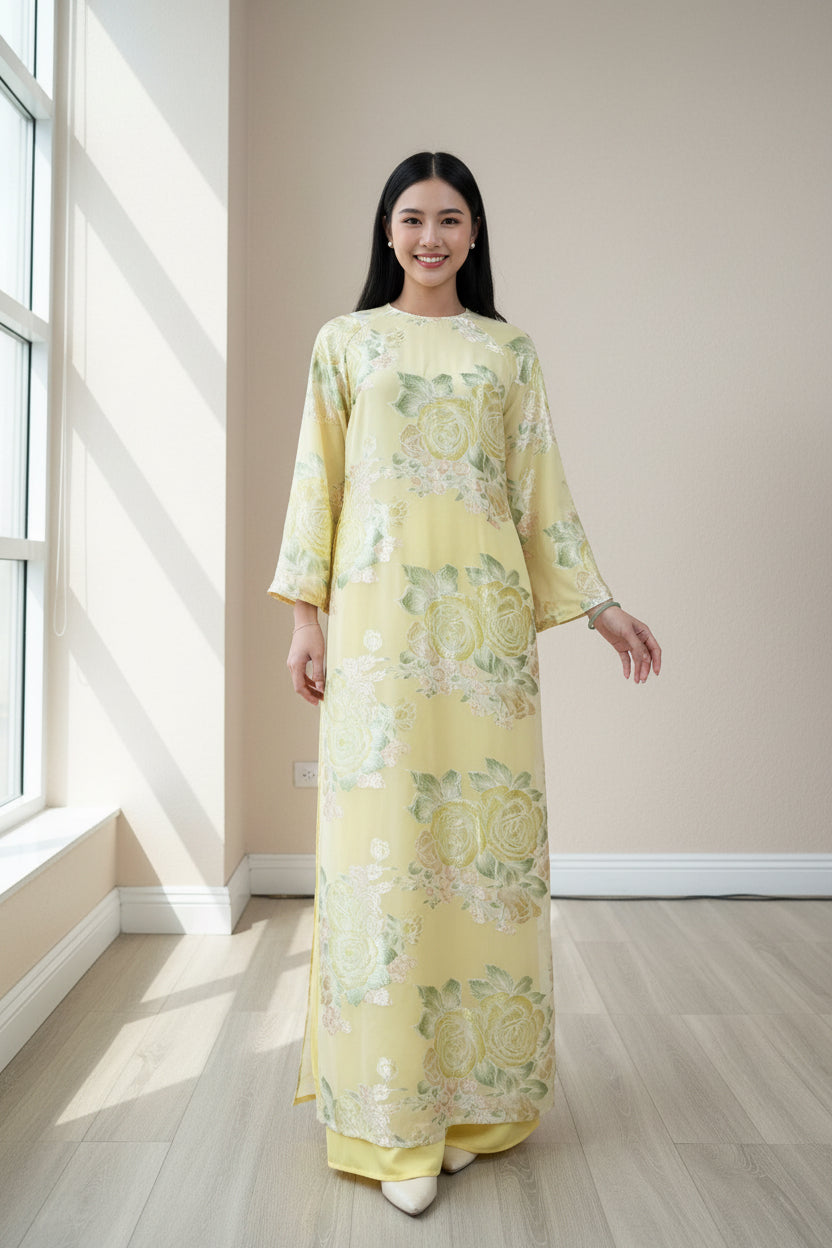 A29 - Áo Dài Dáng Suông Tơ Hoa Vàng.