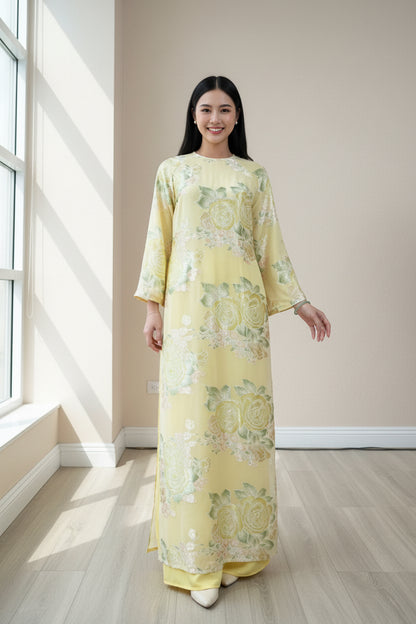 A29 - Áo Dài Dáng Suông Tơ Hoa Vàng.
