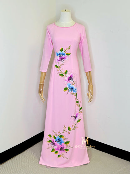 TK176 - Designed Hand-painted Áo Dài Pink. *Display Product (Final Sale)