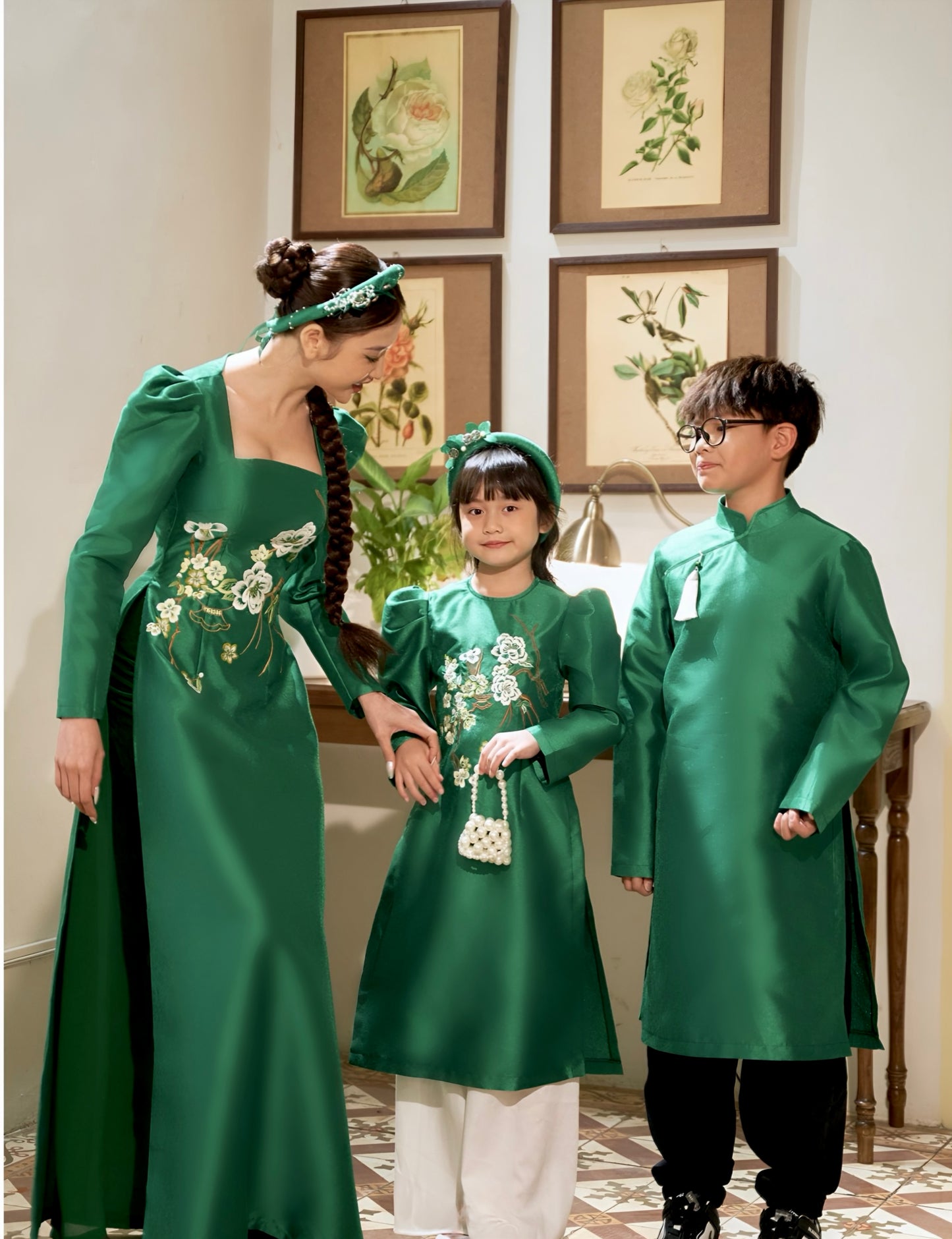 753 - Girl’s Áo Dài Tân Xuân Pine Green - kèm quần (Family Ao Dai)