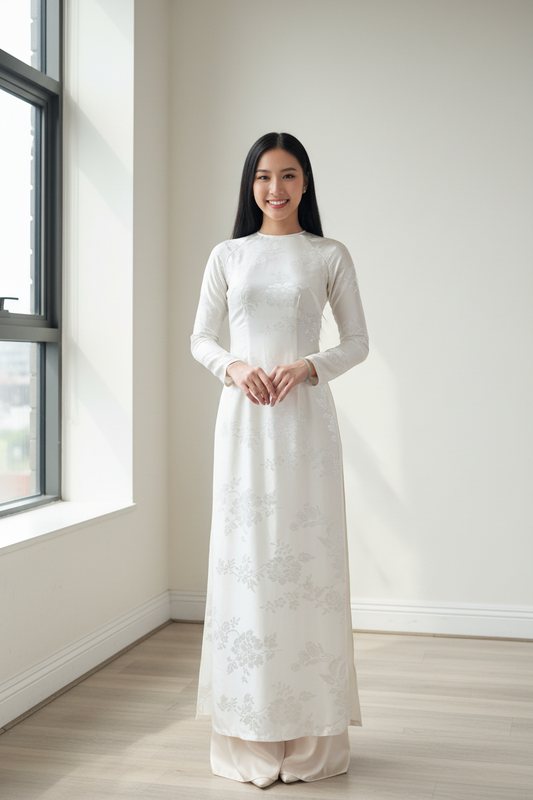 A33 - Áo Dài Silk Kem (Cổ Tròn)