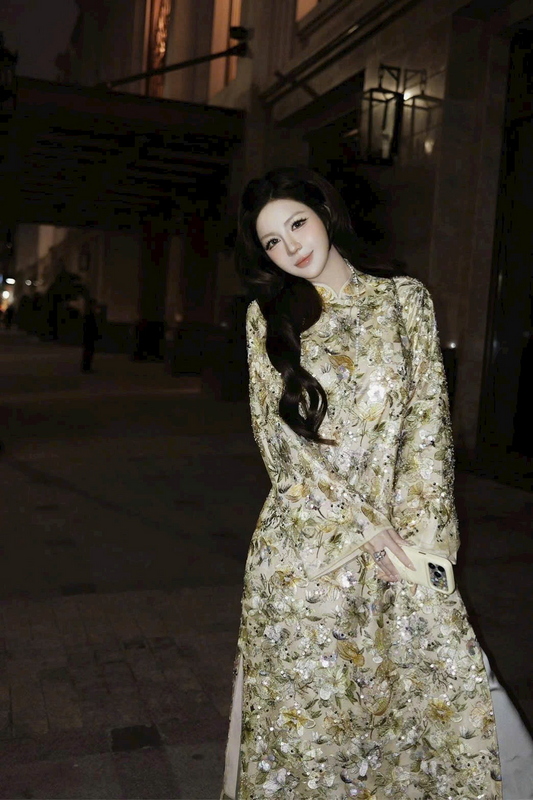 A51 - Set Áo Dài Sequin Nude/Green (kèm quần Nhũ)