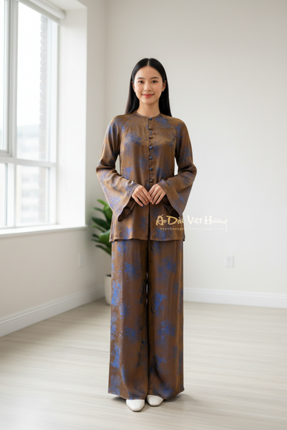 B48 - Set Áo Bà Ba Gấm Nâu ánh xanh | Kèm quần. Final sale (no return/exchange).