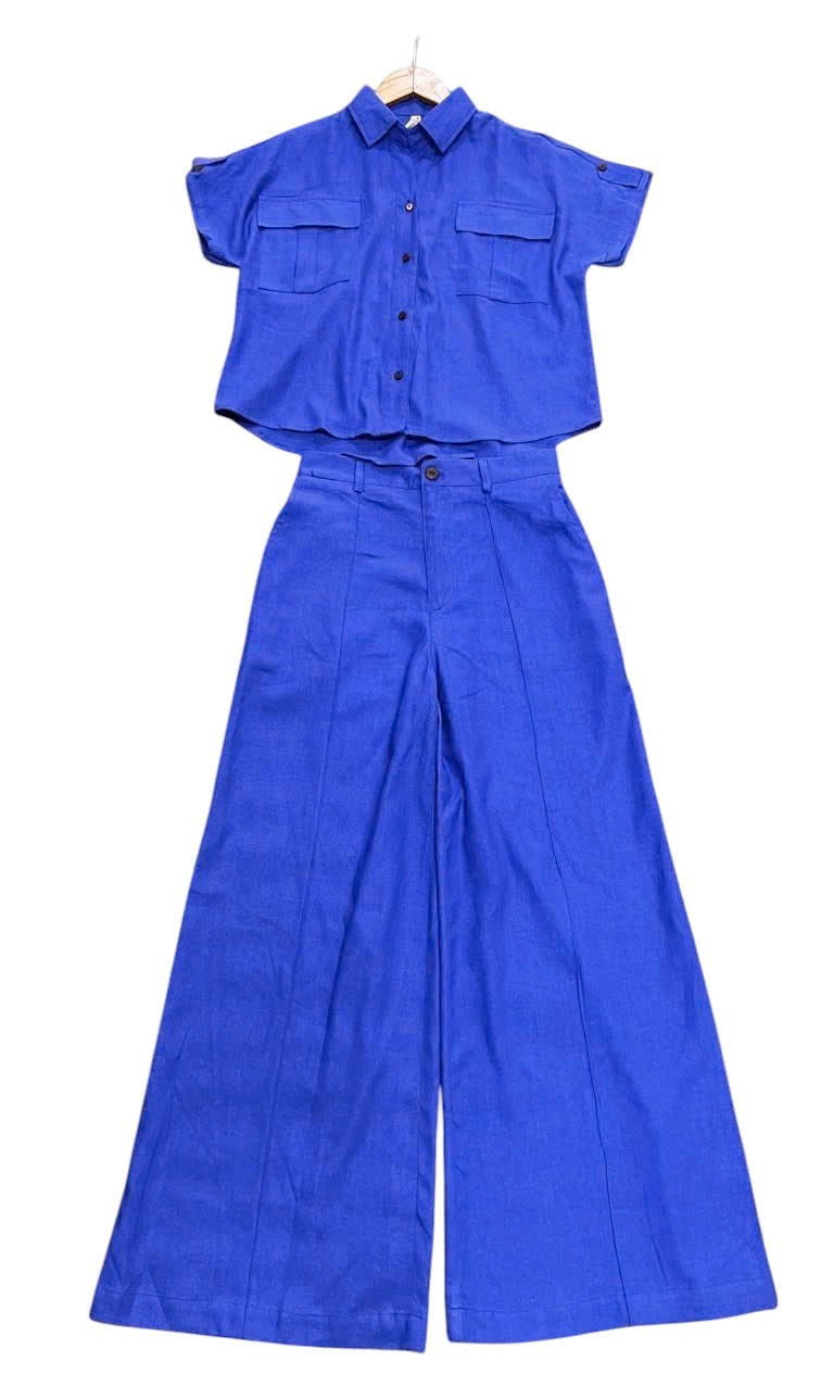L103->107 - Short-Sleeve Shirt & Wide-Leg Pants Set | Linen Blend