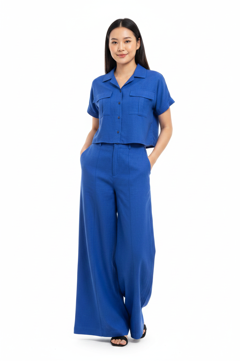 L103->107 - Short-Sleeve Shirt & Wide-Leg Pants Set | Linen Blend