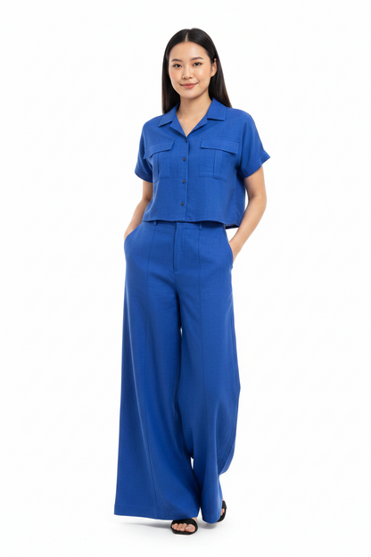 L103->107 - Short-Sleeve Shirt & Wide-Leg Pants Set | Linen Blend