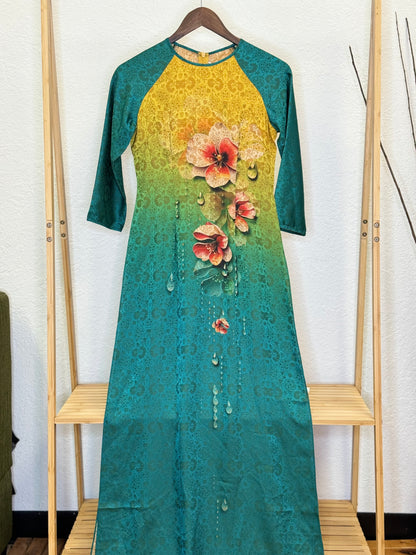 AD79 - Áo Dài Gấm Blue Teal/Gold. Final sale (no return/exchange)