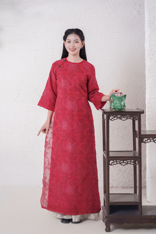 D7 - Áo Dài 4 Tà Tơ Mành Vân Mây Đỏ Hồng