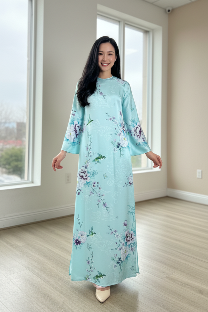 A76 - Áo Dài Dáng Suoong Lụa Tô Châu Blue