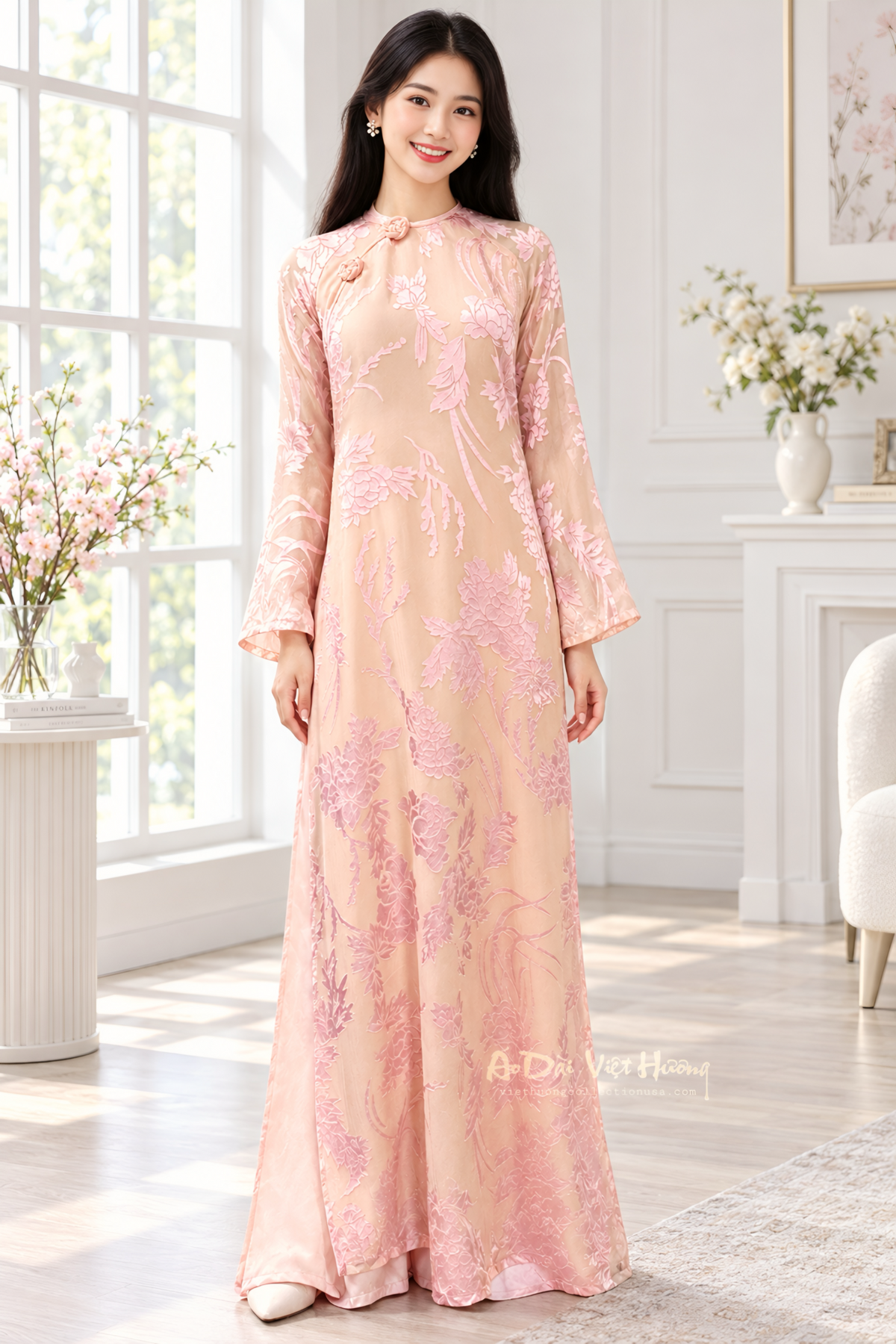 A34 - Áo Dài Suông Tơ Rayon 4 Tà Hồng | Áo Only