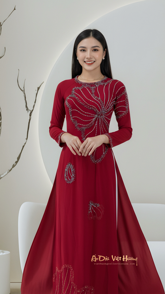 A34 - Áo Dài Lụa Hai Da Thiết Kế Đỏ Đô