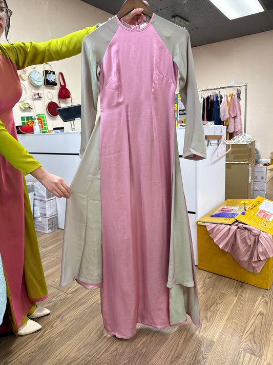 A59 - Set Áo Dài Lụa Đổi Màu Hồng/Xám (kèm quần)