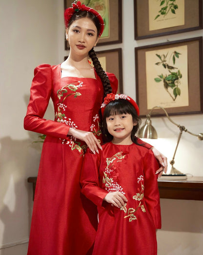 733 - Girl’s Áo Dài Tân Xuân Red - kèm quần (Family Ao Dai). Final sale (no return/exchange)