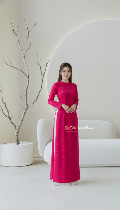 A51 - Áo Dài Gấm Dệt Thái Tuấn Hoa Hồng Đỏ (Cổ Tròn)