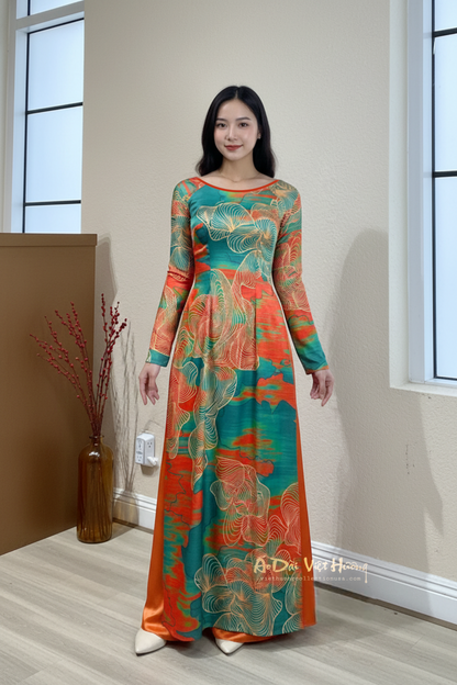 A48 - Áo Dài lụa Ánh Sao Cam/Xanh