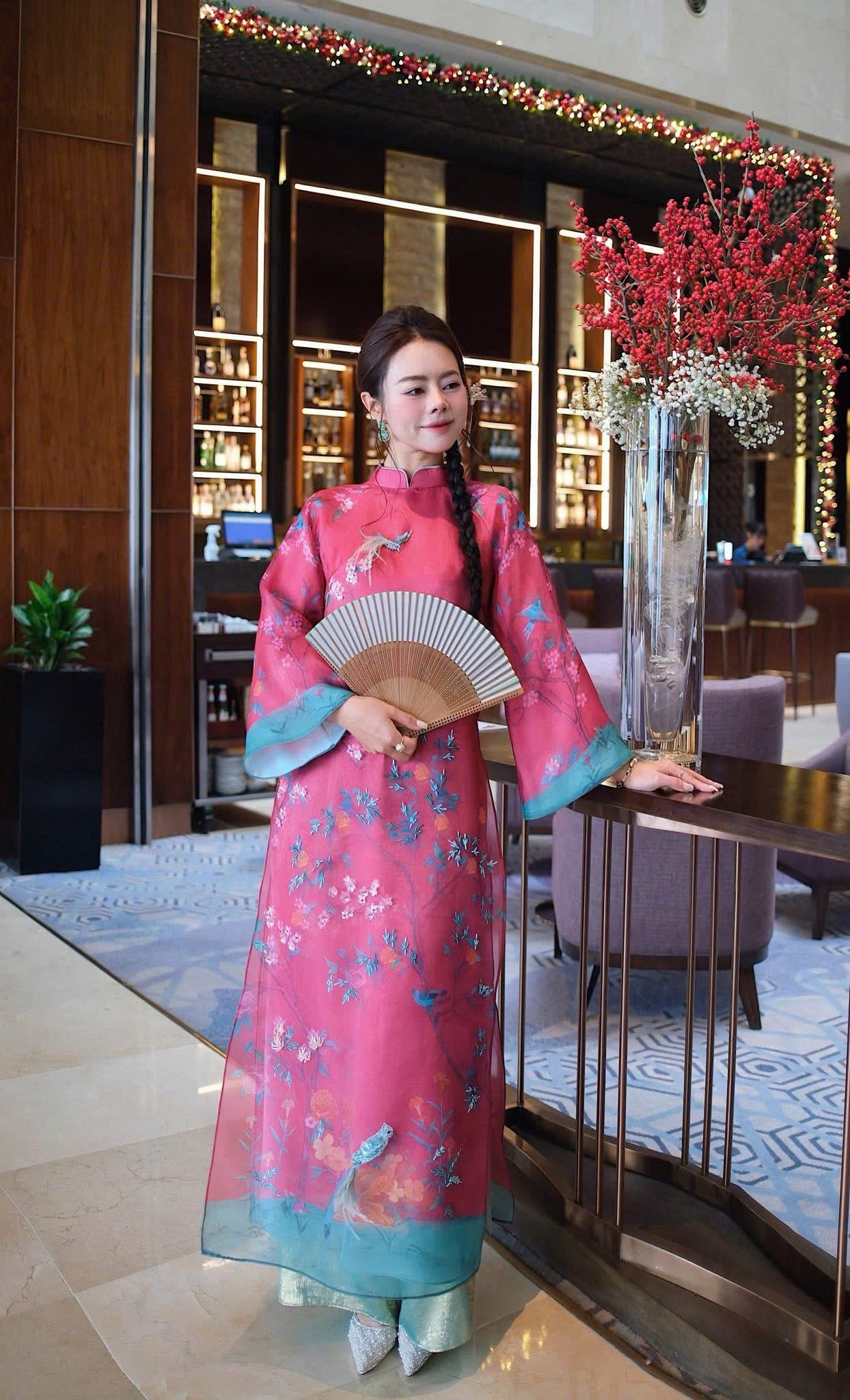 A96 - Set Áo Dài Cách Tân Hồng (kèm quần nhũ)