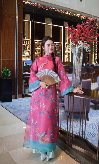 A96 - Set Áo Dài Cách Tân Hồng (kèm quần nhũ)