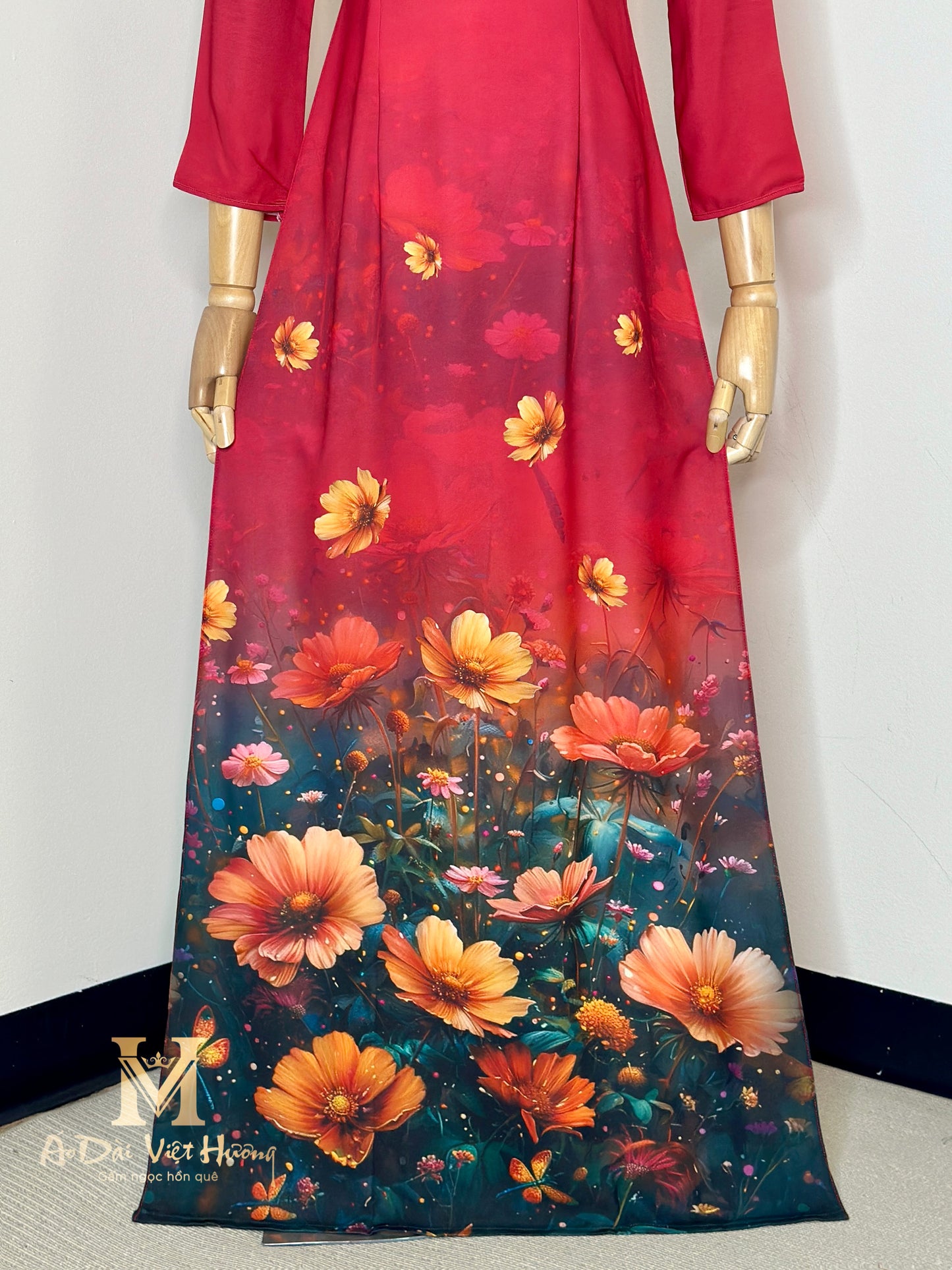 A96 - Red Wine Cosmos Flowers Áo Dài Ngọc Anh Silk. Final sale (no return/exchange)