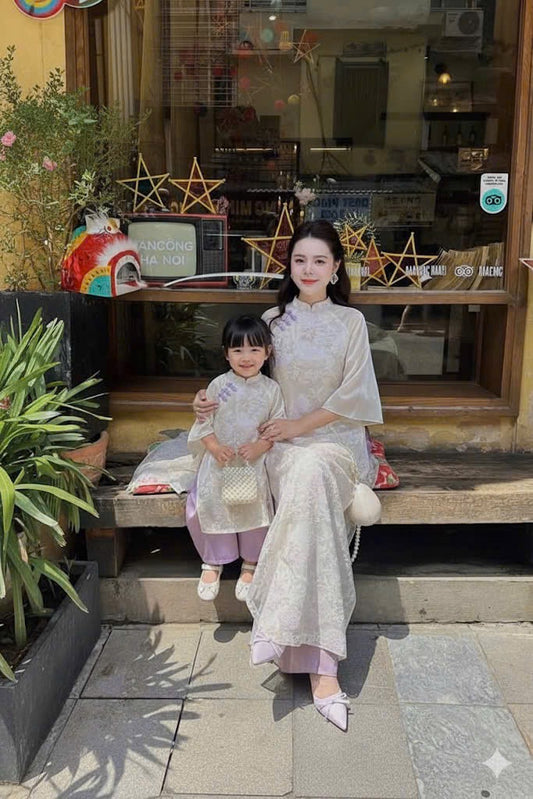 G8 - Girl’s Set Áo Dài Tơ Thêu Tím  | Kèm Quần