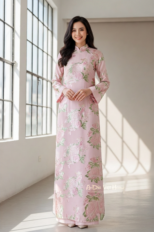 A26 - Áo Dài Dáng Suông Tơ Hoa Hồng (Cổ 2cm)