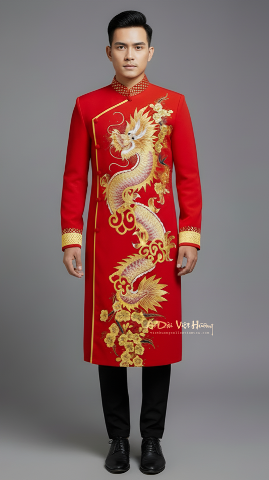 A87 - Men’s Áo Dài Đỏ Vẽ Tay