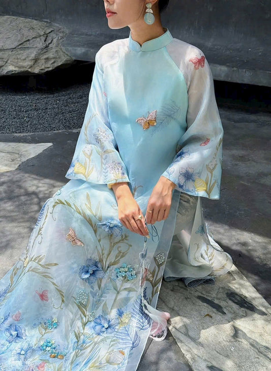 A117 - Set Áo Dài Cách Tân Suông light Blue (Kèm Quần nhũ)