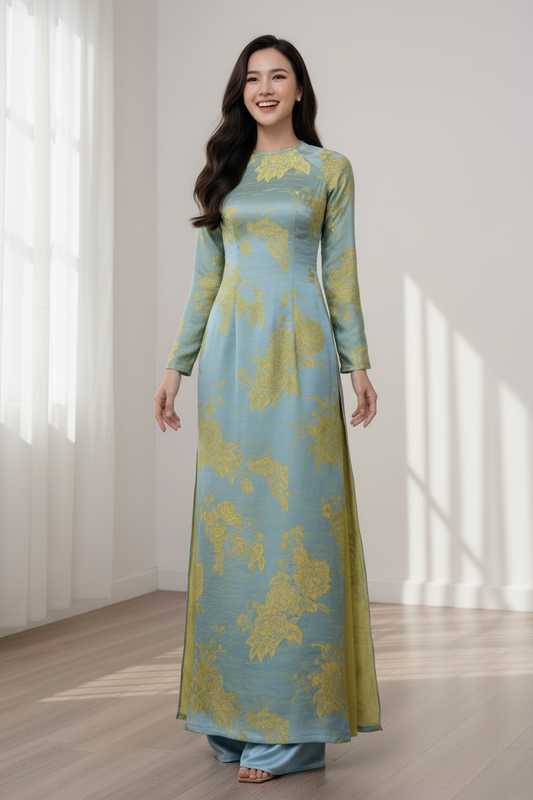 A150 - Áo Dài Lụa Tằm Xanh Ngọc ánh Gold | Áo Only