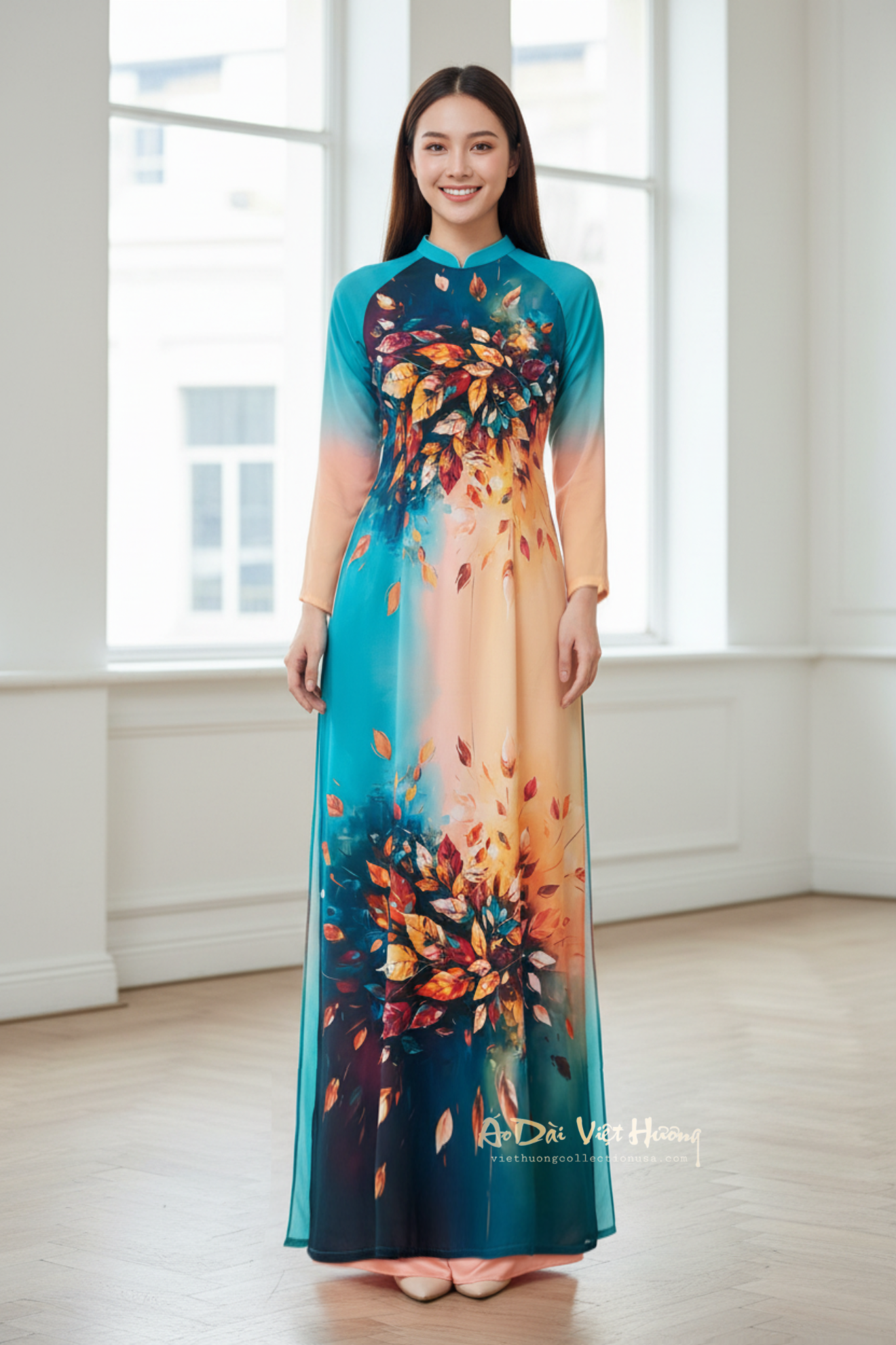 A27 - Áo Dài Chiffon 4 Tà Xanh phối Cam