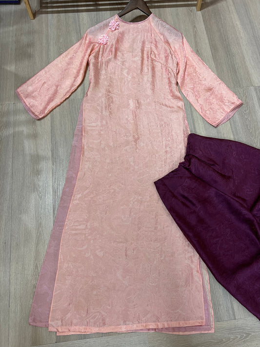 A35 - Set Áo Dài Tencel 4 Tà Hồng/Tím | Kèm Quần Tím