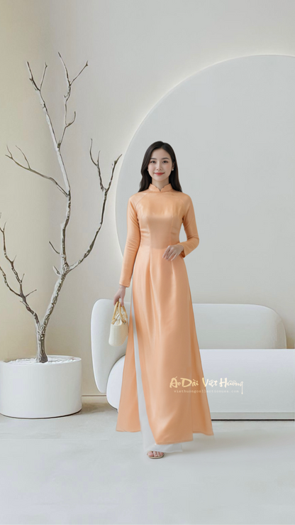 A124 - Áo Dài Tơ Titan Cam (Cổ Gợn Sóng). Final sale (no return/exchange)