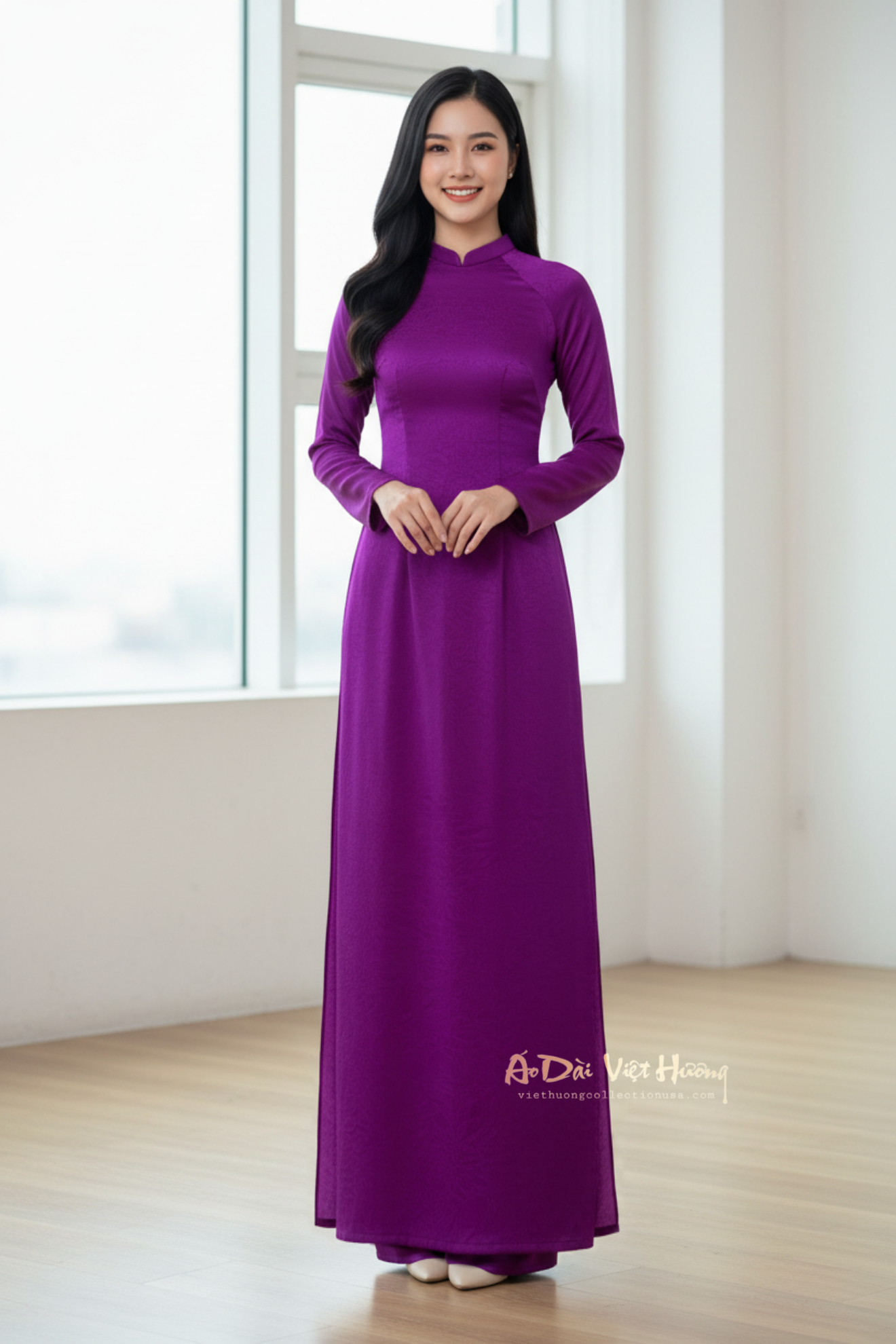 A43 - Set Áo Dài lụa Tiêu Giao Tím (Cổ 2cm) | Kèm Quần