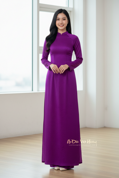 A43 - Set Áo Dài lụa Tiêu Giao Tím (Cổ 2cm) | Kèm Quần