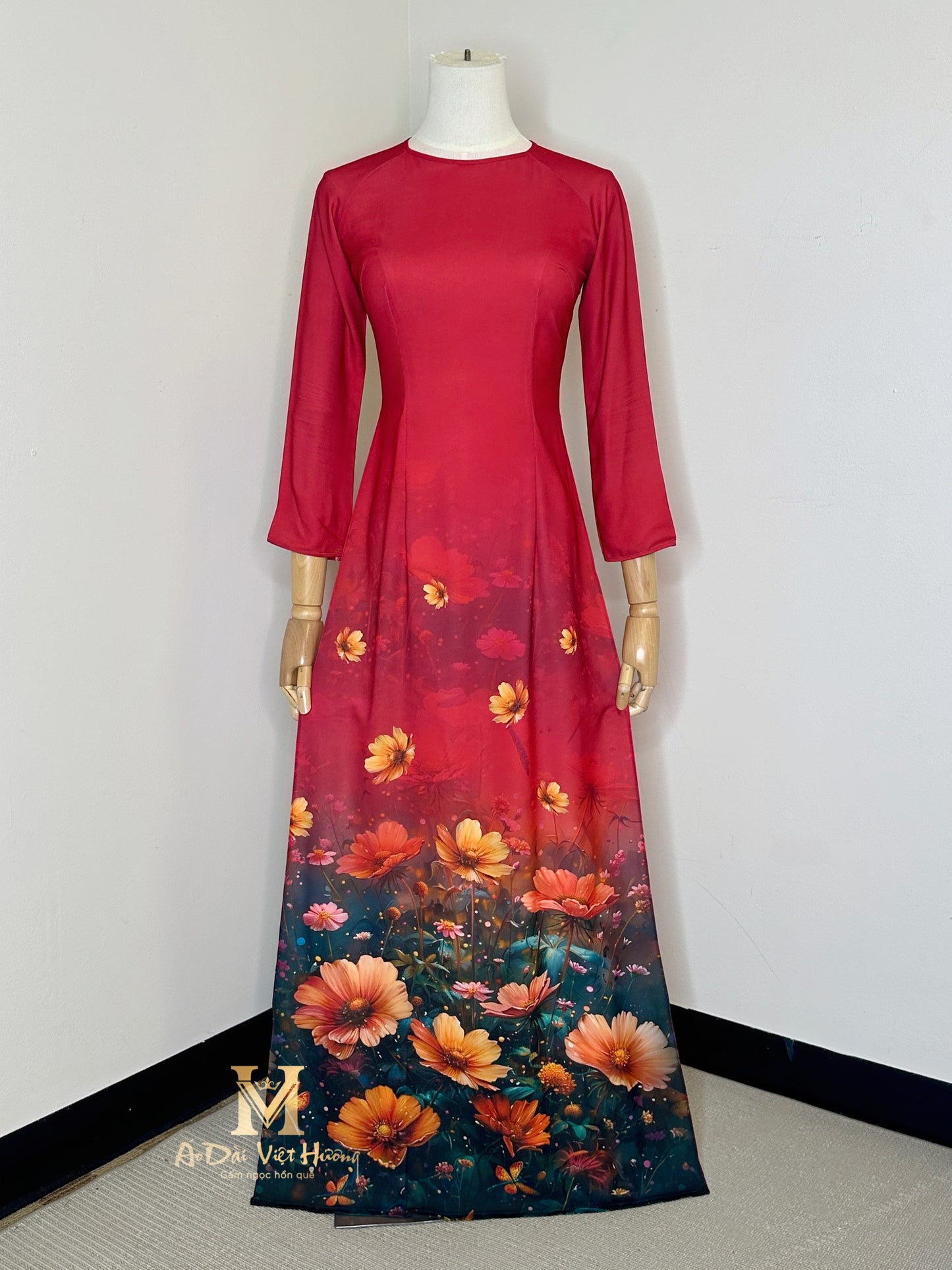 A96 - Red Wine Cosmos Flowers Áo Dài Ngọc Anh Silk. Final sale (no return/exchange)