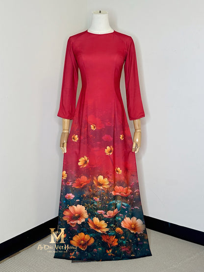 A96 - Red Wine Cosmos Flowers Áo Dài Ngọc Anh Silk. Final sale (no return/exchange)