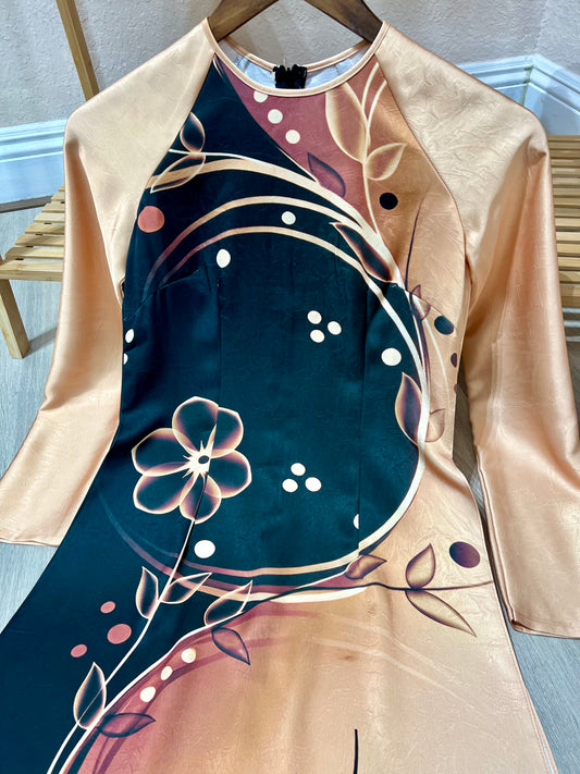 A52 - Áo Dài Lụa Tiêu Giao In Nâu/Đen