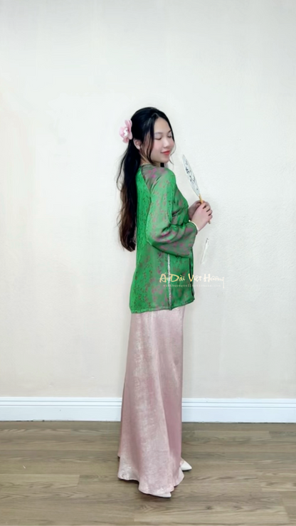 B4 - Áo Bà Ba Gấm Xanh hoa nhí hồng | Áo Only