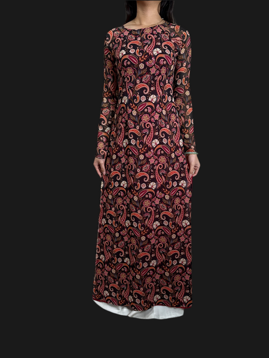 A78 - Áo Dài Voan 4 Tà Đuôi Công Hồng Đỏ. Final sale (no return/exchange)