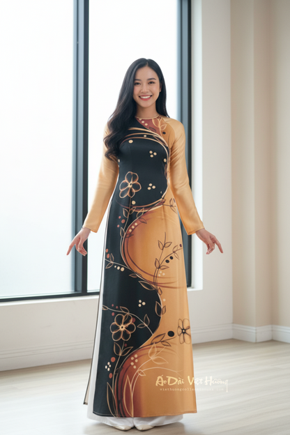 A52 - Áo Dài Lụa Tiêu Giao In Nâu/Đen.