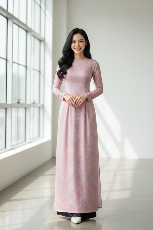 A140 - Áo Dài Gấm Cúc Đại Doá Xanh/Cam