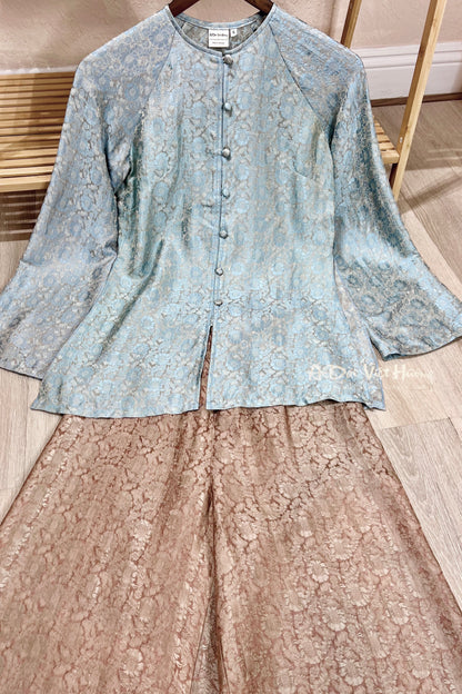 B08 - Set Áo Bà Ba Tơ Tằm Nha Xá Hoa Cúc Xanh/Nâu | Kèm Quần